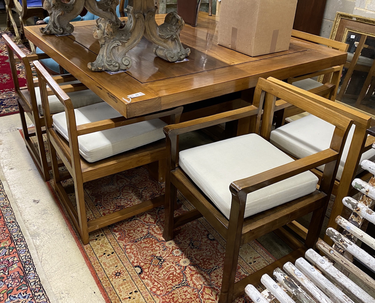 A contemporary Margaret Muir Chinese square dining table, length 152cm, height 78cm and six elbow chairs